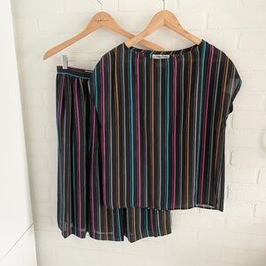 Vintage 80s 90s Matching Set (2) Skirt Blouse Chiffon Sheer Stripes